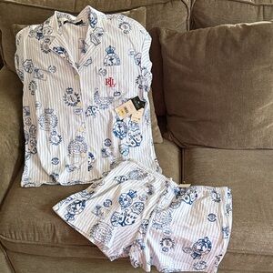 Ralph Lauren White Pajama Set with Blue Crest & Stripe Print